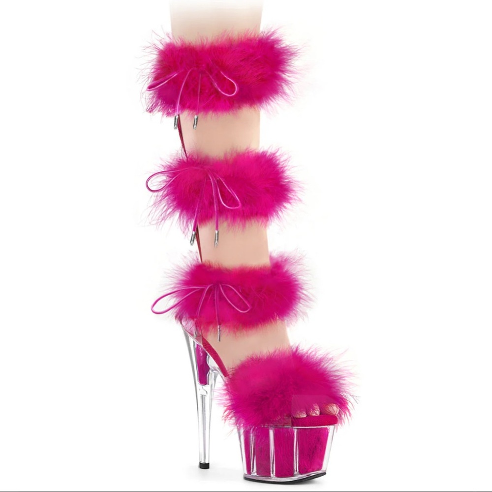 Adore-728F Hot Pink Marabou Fluffy Fur Stripper Pole Dance Heels Gladiator Shoes - Picture 14 of 14